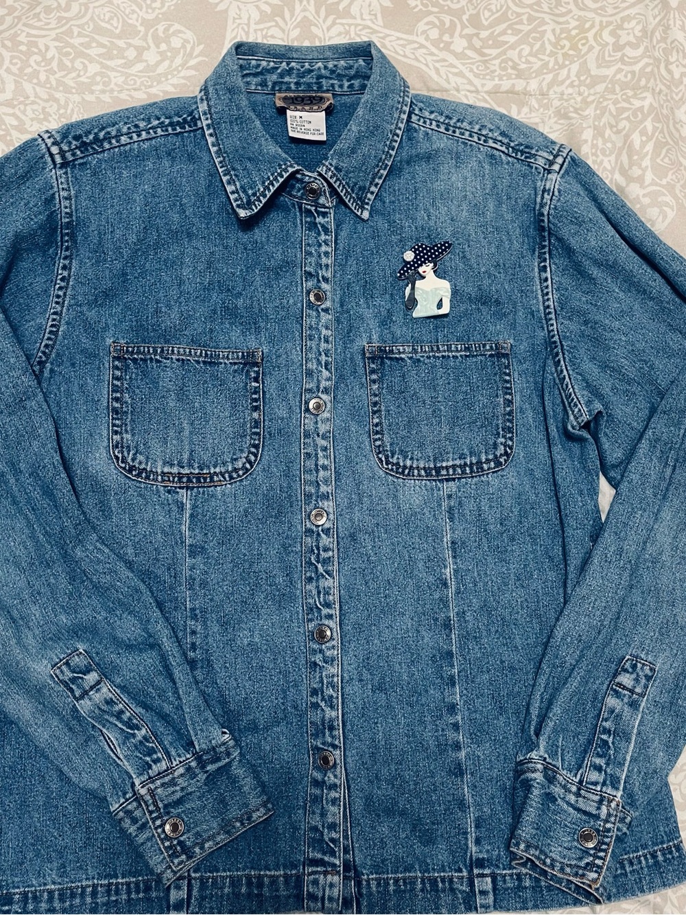 Women's Blue Denim Button-Snap Down Shirt with handmade artesian acrylic brooch